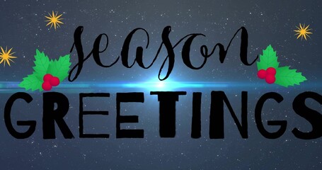 Obraz premium Displaying festive season GREETINGS typography over starfield with holly, gold stars, blue flare