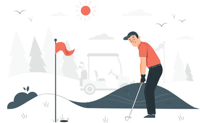 Man playing golf on a sunny day with a golf cart in the background