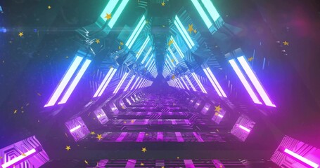 Fototapeta premium Glowing neon geometric corridor drawing eye toward vanishing point, with cyan magenta light bars
