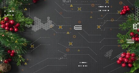 Obraz premium Blending dark panel with circuit lines, hex grid in studio, with pine sprigs, red berries, pinecone