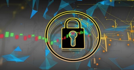 Naklejka premium Featuring black padlock glowing in neon rings in studio art, overlaying price bars and blue meshes