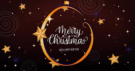 Displaying gold-orange ornament ring with blue edge and Merry Christmas script on card, stars