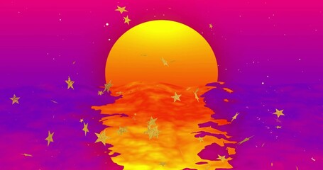 Obraz premium Dominating large sun casting gold ripples across sunset sea with gold stars, white dots on horizon