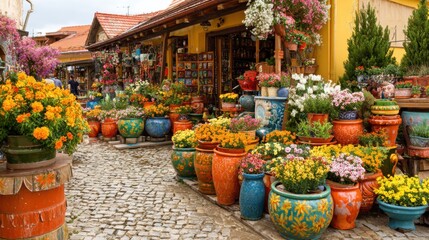 Fototapeta premium A bustling market street features an array of colorful flower pots lining the pathway. Visitors browse unique shops adorned with blooming plants creating a lively atmosphere.