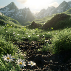 Mountain Meadow with Wet Earth and Daisies