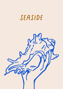 Dolce vita card with sea shell in doodle sketch drawing style. Italian holiday, coastal beach summer vacation poster with hand holding conch seashell. Drawn scribble flat vector illustration