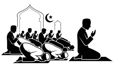 Muslim men praying in mosque islamic worship ramadan silhouette illustration