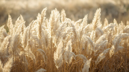 Obraz premium Fluffy pampas grass plumes catch the warm golden sunlight creating a soft, ethereal texture perfect for nature backgrounds and garden inspiration.