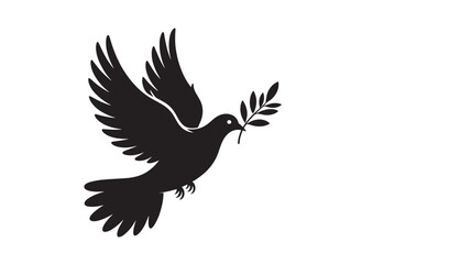 Fototapeta premium Dove flying with olive branch in minimalist black silhouette on white background for peace symbol