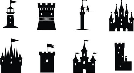 Medieval castle tower silhouette vector set with fairy tale fortresses, princess towers, fantasy architecture icons isolated on white background © MstSalina
