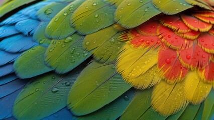Obraz premium Vibrant close-up of colorful macaw feathers with water droplets showcasing blue, green, yellow, and red plumage