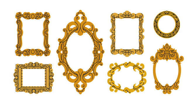 Vintage picture frames set. Wall art gallery borders in old antique style. Baroque baguettes. Retro historical museum decoration for paintings. Flat vector illustration isolated on white background