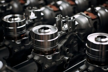 Fototapeta premium Engine parts on an assembly line during a complex industrial manufacturing process