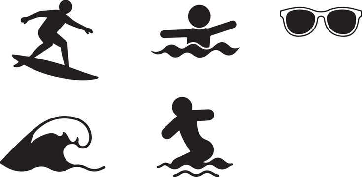 Collection of black silhouettes depicting various summer water activities and accessories isolated on white .silhouette degin