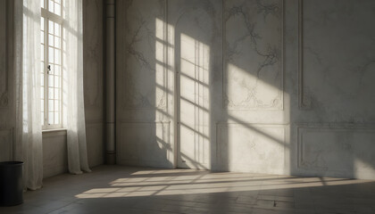 Elegant empty room with large window and marble walls