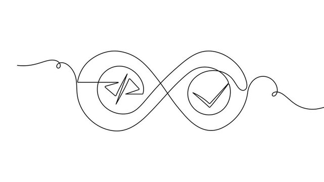DevOps CI CD workflow process infinity loop approval check mark gear bracket continuous one line drawing minimal business work clean motion graphic for software delivery pipeline 4k animation video