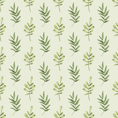Seamless background, floral minimalistic pattern with watercolor green leaves. Repeat fabric wallpaper print texture. Perfectly for wrapped paper, backdrop, frame or border.
