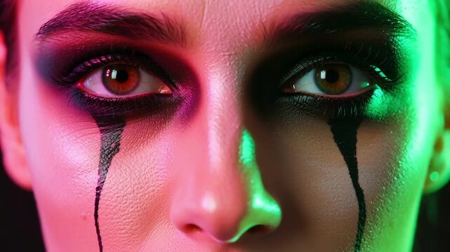 Cyberpunk Clown Makeup Woman Portrait with Black Stripes Nose Ring