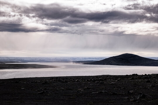 Dramatic storm clouds over H�lsl�n Reservoir and Vatnaj�kull in Iceland