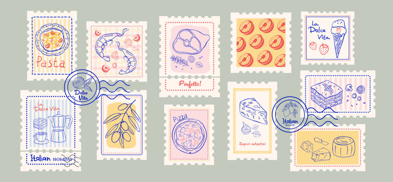 Italian food stamp set. Summer holiday hand drawn doodle vintage postage emblem. Post label vector illustration.