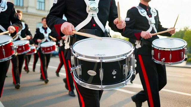 Marching Band Drummers Parade Down City Street in Shallow DOF
