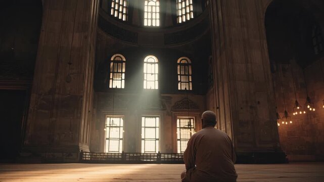 Serene man praying and praising God inside grand, illuminated mosque with intricate architecture and peaceful atmosphere