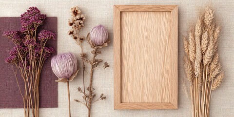 Rustic Wooden Frame Surrounded by Dried Purple Flowers and Golden Wheat on Distressed White Wooden Background with Natural Light
