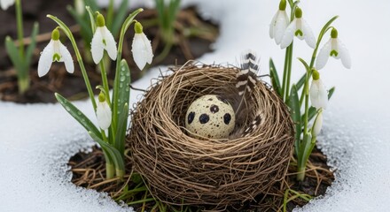 A tiny quail egg in a bird's nest among the first snowdrops in the melting snow, the concept of spring awakening. AI generated.