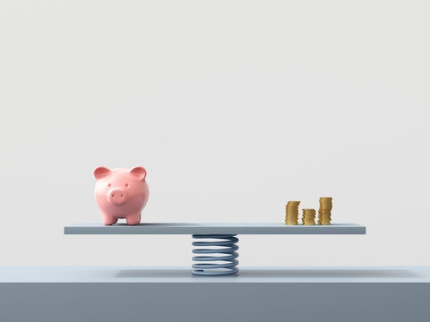 Piggy bank and stacked coins balanced on a spring platform symbolizing finance