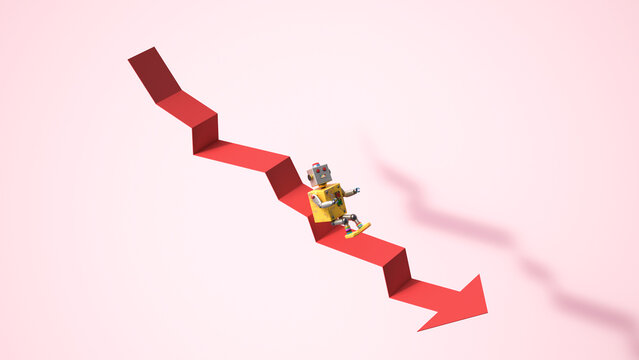 3d robot sitting on downward stock market arrow symbolizing loss