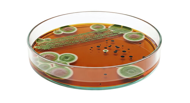 Petri dish with green mold colonies and black bacterial colonies