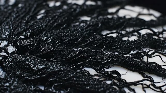 Black viscous fluid spreading across a white background