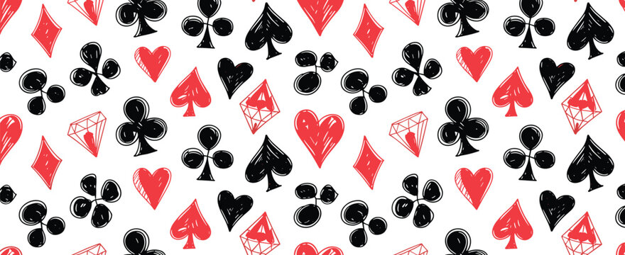 Seamless Pattern of Hand- Drawn Playing Card Suits and Diamonds in Red and Black on White playing cards