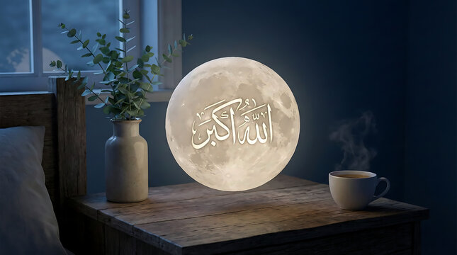 Levitating 3D Printed Moon Lamp with Engraved Allahu Akbar Arabic Calligraphy and Eucalyptus Branch