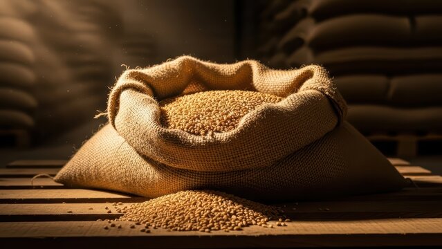 Rustic burlap sack overflowing with wheat grains on wooden pallet in dimly lit warehouse setting