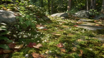 Sunlit Mossy Forest Floor with White Flowers and Fallen Leaves in Autumnal Woodland Scene Under a Soft Natural Light Beautiful Tranquil View