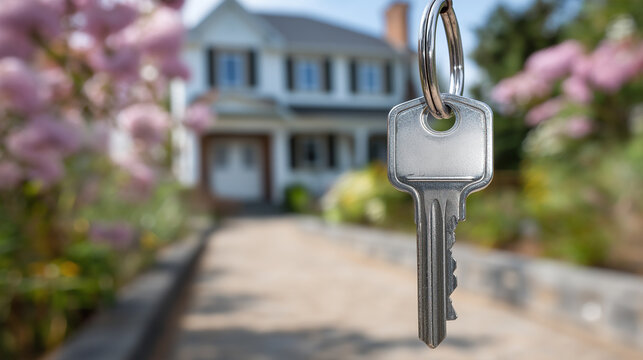 Key hanging on a ring in foreground, with a blurred house and blooming flowers in the background, symbolizing new beginnings and home ownership journey