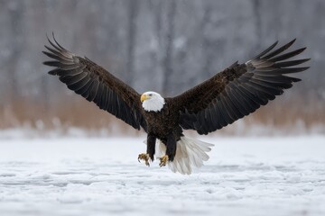Obraz premium Bald eagle Haliaeetus leucocephalus gracefully lands on frozen water during winter in a serene, snowy landscape