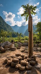 Tall Wooden Post Covered in Gold Leaves and Coins at Base Under Sunny Blue Sky in a Verdant Landscape with Mountains and Trees in Background