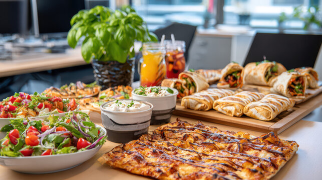 Assorted healthy meal spread featuring salad, wraps, and pizza on a wooden table in a bright modern office setting