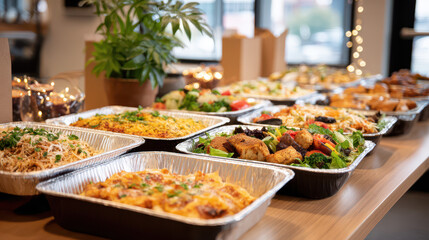 Obraz premium Display of diverse gourmet dishes in aluminum trays set on a wooden table, featuring colorful salads and entrees