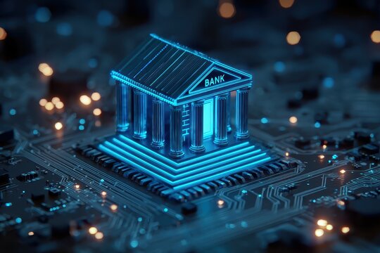 Stylized glowing blue bank structure illuminated on a circuit board at night, representing digital finance and technology integration