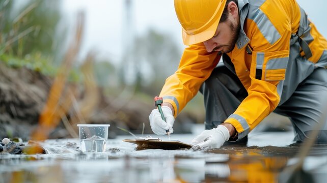 An environmental scientist collects water samples to assess a power plant's impact.