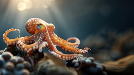 Giant squid emerging from underwater cave in Red Sea, tentacles illuminated by shafts of sunlight.