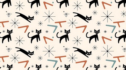 Fototapeta premium Whimsical black cats in playful mid-century modern pattern