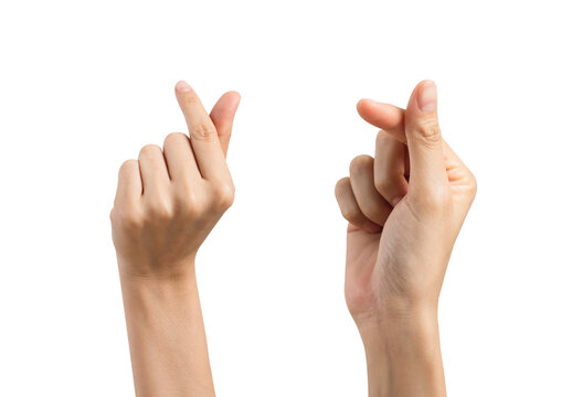 Hand showing finger heart or mini heart gesture isolated on white background.