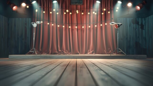 Dynamic 3D circus stage with red curtain and carnival lighting, featuring a vintage podium, spotlight, and ringmaster in a cartoon setting.