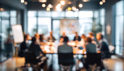 Blurry group of various experts is having a roundtable meeting in the conference room. High quality