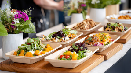 Assorted gourmet salads elegantly presented in eco-friendly bowls on a wooden platter with vibrant floral accents