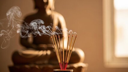 Fototapeta premium Serene meditation setting with incense sticks and buddha statue in soft sunlit room